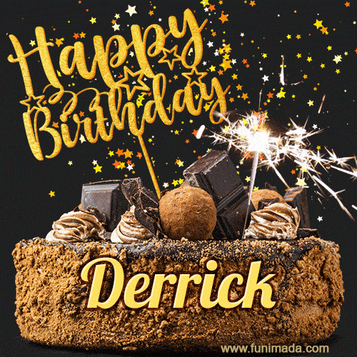Celebrate Derrick's birthday with a GIF featuring chocolate cake, a lit sparkler, and golden stars
