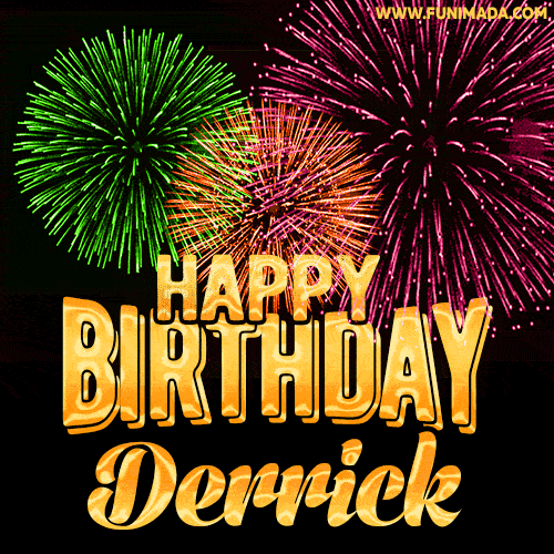 Wishing You A Happy Birthday, Derrick! Best fireworks GIF animated greeting card.