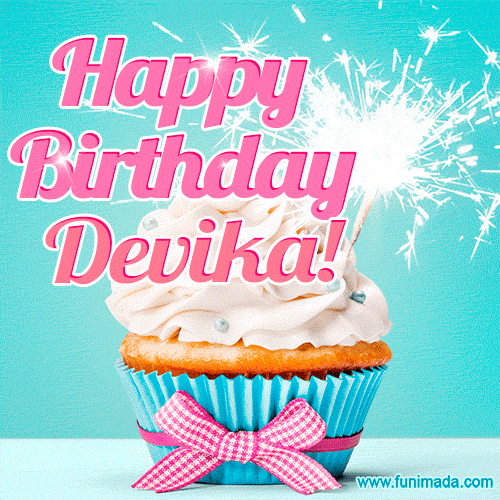 Happy Birthday Devika! Elegang Sparkling Cupcake GIF Image.