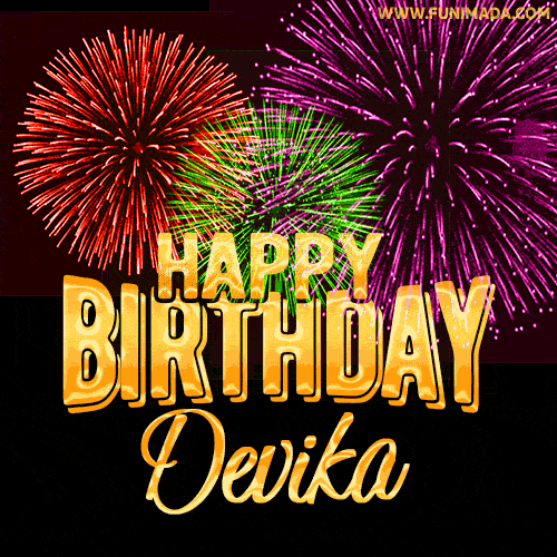Wishing You A Happy Birthday, Devika! Best fireworks GIF animated greeting card.