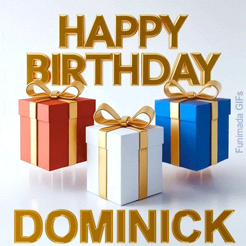 Premium 3D golden typography spelling Happy Birthday Dominick hovering over three elegantly wrapped gift boxes in red, white, and blue colors