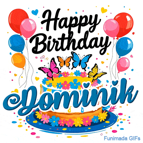 Vibrant balloons and fluttering butterflies on a flower-themed birthday cake animated GIF for Dominik.