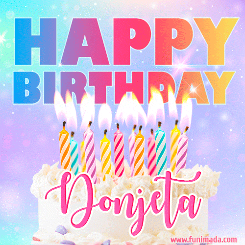 A vibrant animated name GIF with the words 'Happy Birthday Donjeta' with colorful candles on a creamy cake. The background sparkles with pastel shades, adding a festive touch.