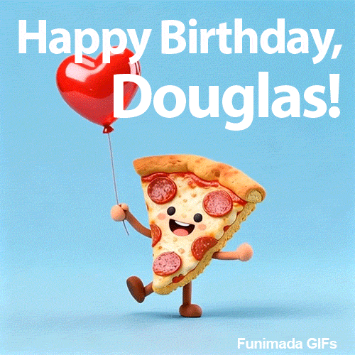 Happy Birthday Douglas GIF featuring a cartoon pepperoni pizza character
