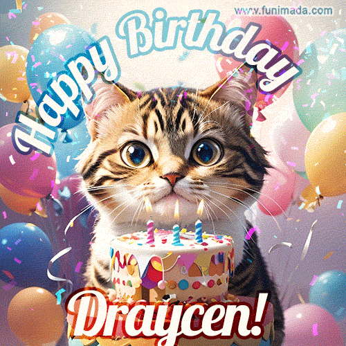 Happy birthday gif for Draycen with cat and cake
