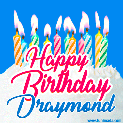 A cheerful animated GIF featuring colorful lit birthday candles on a white cake, with the text 'Happy Birthday Draymond' in bold red and blue script on a bright blue background.