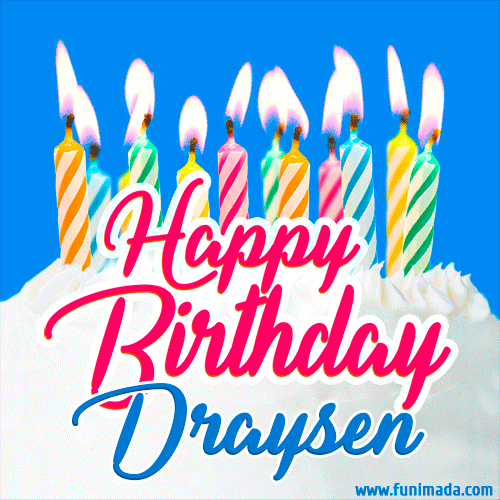 A cheerful animated GIF featuring colorful lit birthday candles on a white cake, with the text 'Happy Birthday Draysen' in bold red and blue script on a bright blue background.