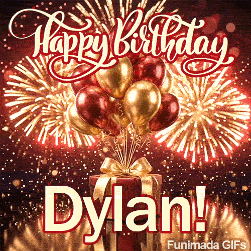 Happy Birthday Dylan animated GIF displaying a red gift box with a golden ribbon and shiny metallic balloons.