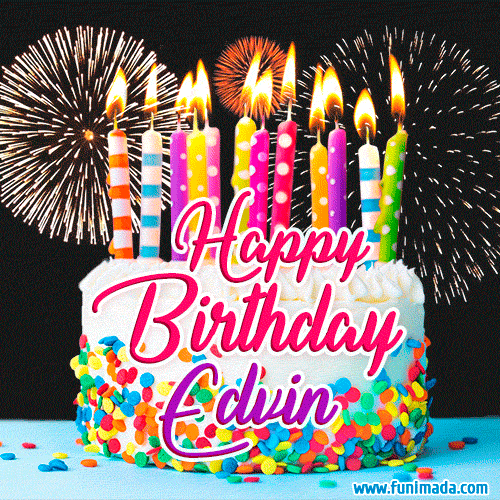 Amazing Animated GIF Image for Edvin with Birthday Cake and Fireworks