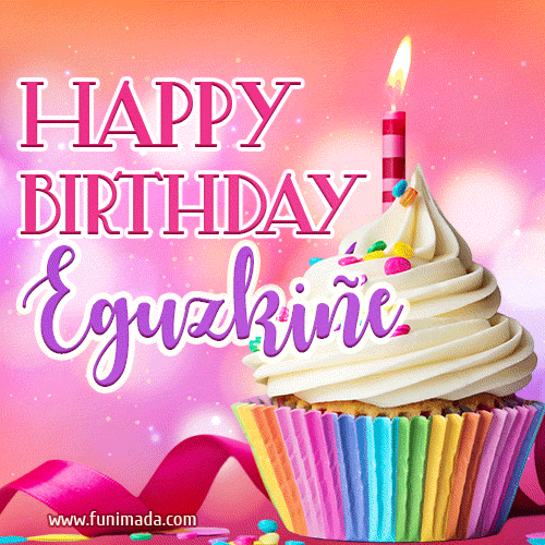 A vibrant birthday GIF featuring a rainbow-colored cupcake topped with white frosting, sprinkles, and a lit candle. The text reads 'Happy Birthday Eguzkiñe' in bold pink and violet letters with white outline.