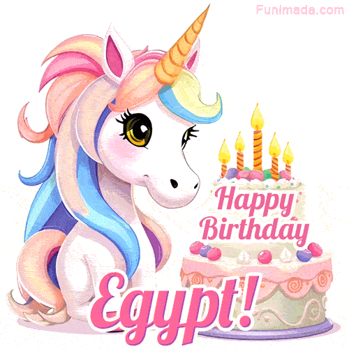 An adorable animated unicorn with soft pastel colors sits beside a birthday cake with glowing candles, and a pink 'Happy Birthday Egypt!' words.