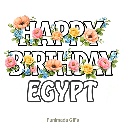 Animated pink and yellow flowers gently moving around the Happy Birthday Egypt text