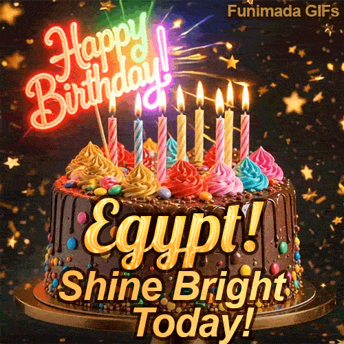 Glowing pink neon light topper saying Happy Birthday on a chocolate cake with the name Egypt! on the front.