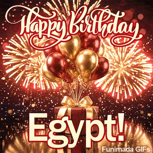 Shiny metallic balloons in gold and red floating above a red gift box with Egypts name in bold lettering at the bottom.