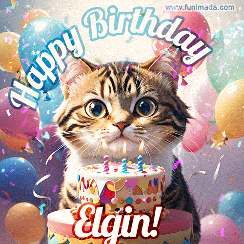 Happy birthday gif for Elgin with cat and cake