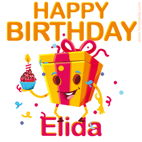 A vibrant and funny gift box character with a happy face dancing with a cupcake and the text 'Happy Birthday Elida,' surrounded by animated confetti and party vibes.