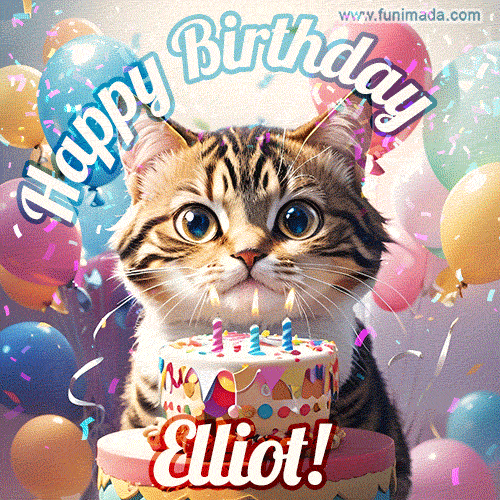Happy birthday gif for Elliot with cat and cake