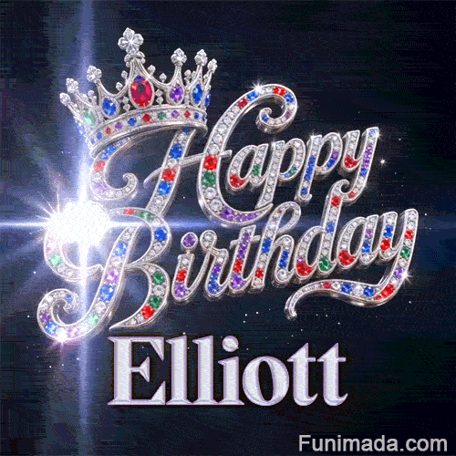 Shimmering animated card with a royal silver crown and crystal lettering on a dark backdrop for Elliott's celebration.