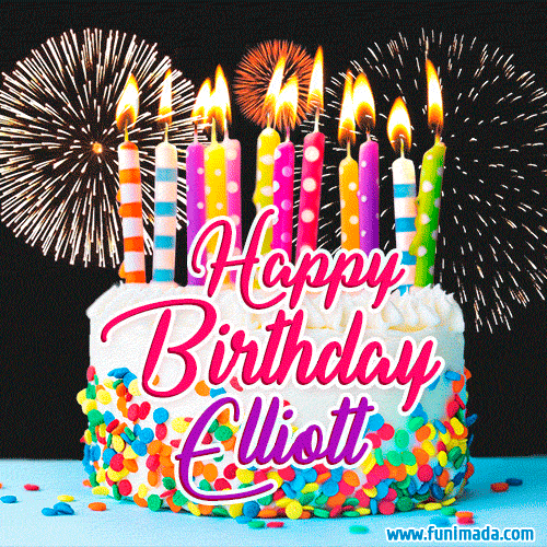 Amazing Animated GIF Image for Elliott with Birthday Cake and Fireworks