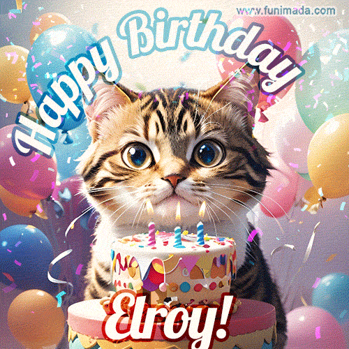 Happy birthday gif for Elroy with cat and cake