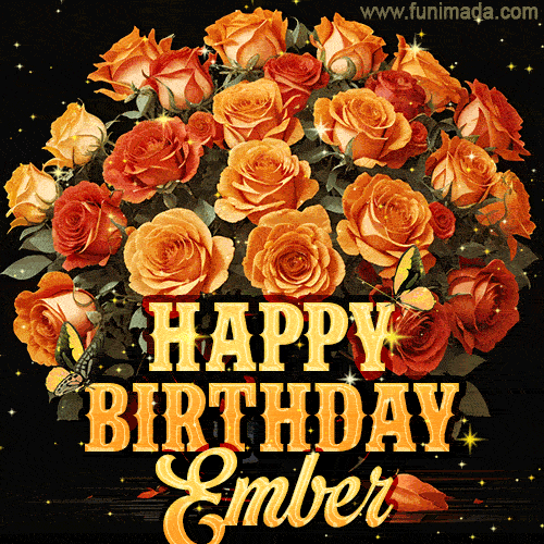 Beautiful bouquet of orange and red roses for Ember, golden inscription and twinkling stars