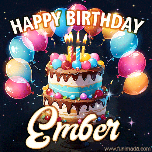 Hand-drawn happy birthday cake adorned with an arch of colorful balloons - name GIF for Ember