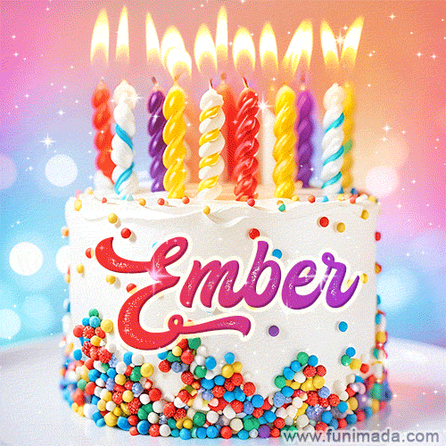 Personalized for Ember elegant birthday cake adorned with rainbow sprinkles, colorful candles and glitter