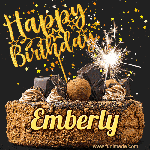 Celebrate Emberly's birthday with a GIF featuring chocolate cake, a lit sparkler, and golden stars