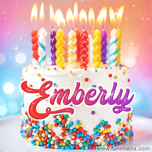 Personalized for Emberly elegant birthday cake adorned with rainbow sprinkles, colorful candles and glitter
