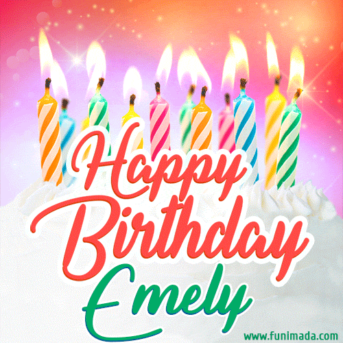 Happy Birthday GIF for Emely with Birthday Cake and Lit Candles