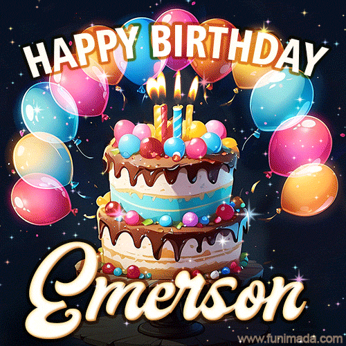 Hand-drawn happy birthday cake adorned with an arch of colorful balloons - name GIF for Emerson