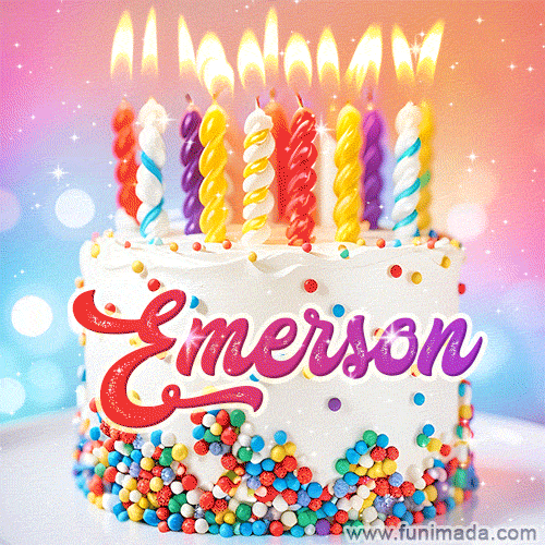 Personalized for Emerson elegant birthday cake adorned with rainbow sprinkles, colorful candles and glitter