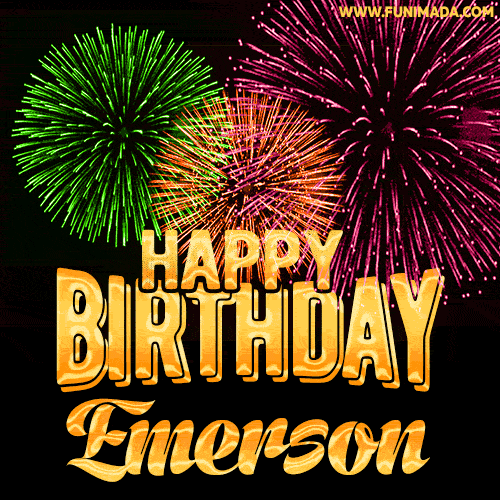 Wishing You A Happy Birthday, Emerson! Best fireworks GIF animated greeting card.