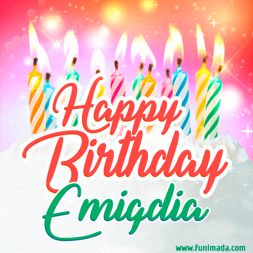 Happy Birthday GIF for Emigdia with Birthday Cake and Lit Candles