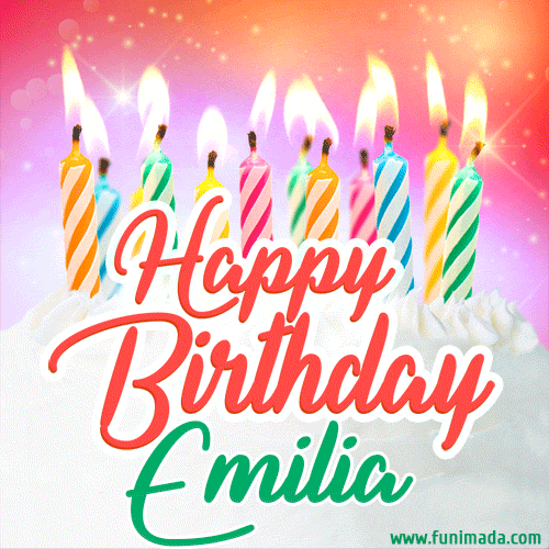 Happy Birthday GIF for Emilia with Birthday Cake and Lit Candles