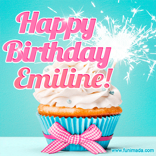 Happy Birthday Emiline! Elegang Sparkling Cupcake GIF Image.
