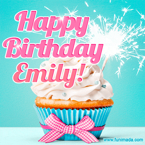 Happy Birthday Emily! Elegang Sparkling Cupcake GIF Image.
