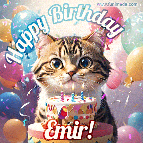 Happy birthday gif for Emir with cat and cake
