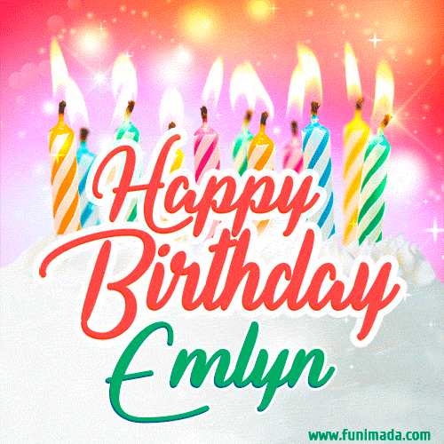 Happy Birthday GIF for Emlyn with Birthday Cake and Lit Candles