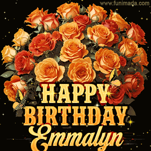 Beautiful bouquet of orange and red roses for Emmalyn, golden inscription and twinkling stars