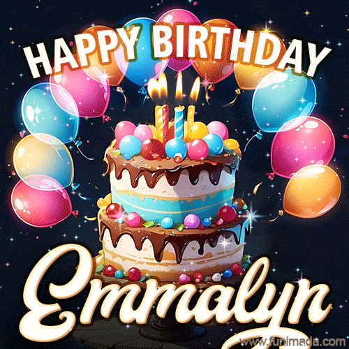 Hand-drawn happy birthday cake adorned with an arch of colorful balloons - name GIF for Emmalyn