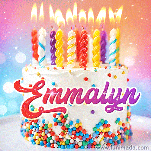 Personalized for Emmalyn elegant birthday cake adorned with rainbow sprinkles, colorful candles and glitter