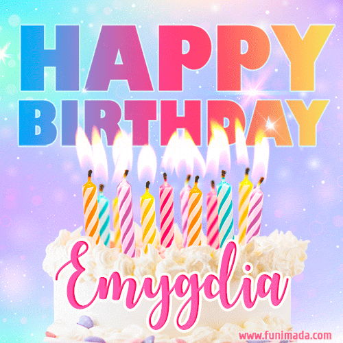 Animated Happy Birthday Cake with Name Emygdia and Burning Candles