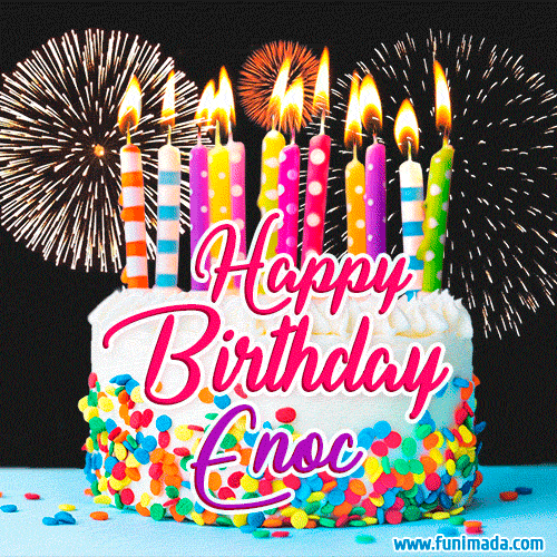 Amazing Animated GIF Image for Enoc with Birthday Cake and Fireworks