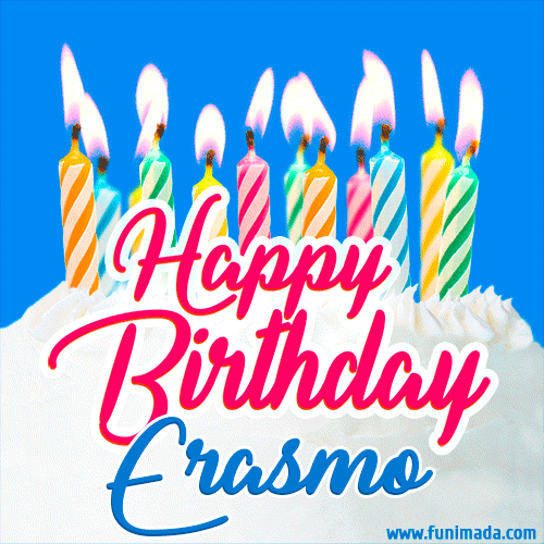 Happy Birthday GIF for Erasmo with Birthday Cake and Lit Candles