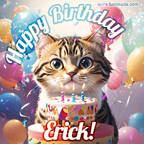 Happy birthday gif for Erick with cat and cake