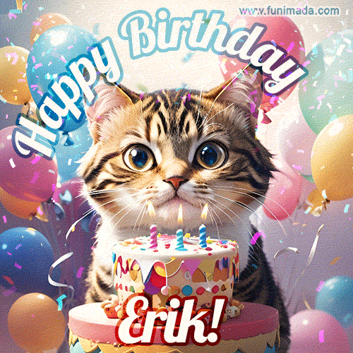 Happy birthday gif for Erik with cat and cake