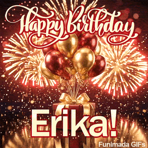 A bundle of metallic helium balloons floating over a luxury holiday gift wrapped with a gold bow, made for Erika.