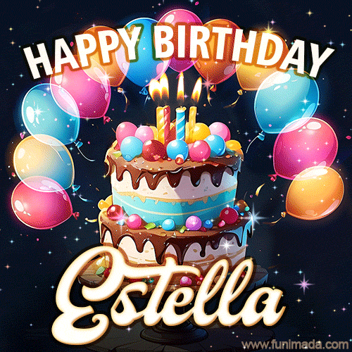 Hand-drawn happy birthday cake adorned with an arch of colorful balloons - name GIF for Estella