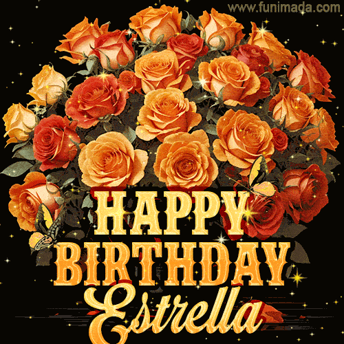 Beautiful bouquet of orange and red roses for Estrella, golden inscription and twinkling stars